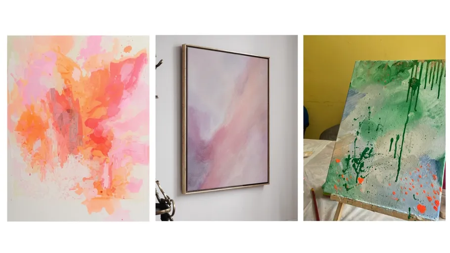 Three abstract paintings with colorful patterns.