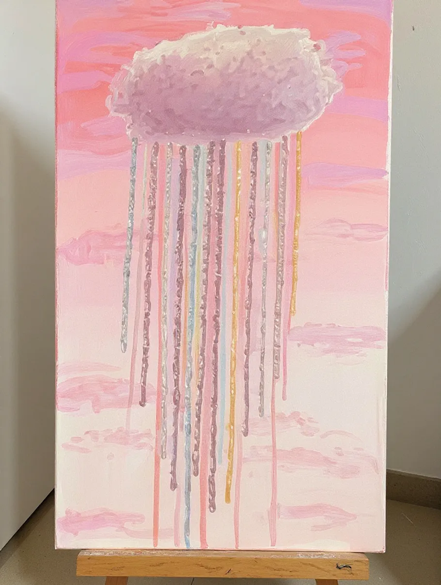 Cloud with colorful rain on easel.