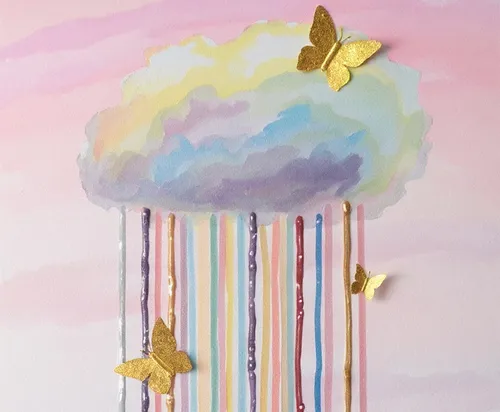 Cloud raining colorful streaks with gold butterflies.