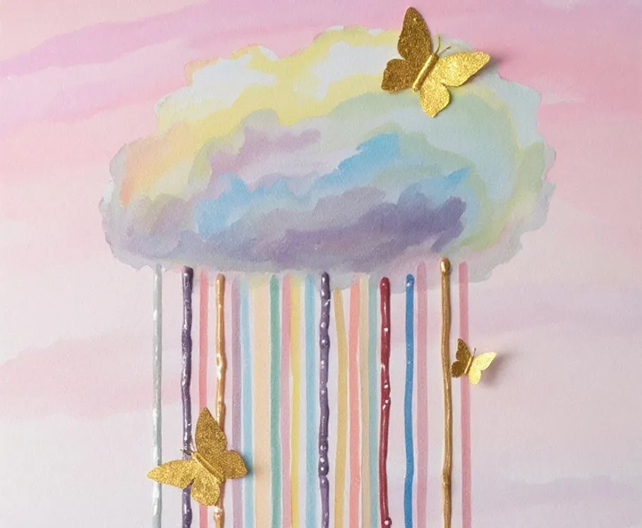 Wolke regnet bunte Streifen mit goldenen Schmetterlingen.