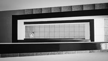 Stairwell viewed from above, tiled floor visible.