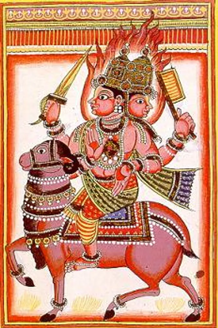 Hindu-Gottheit reitet ein geschmücktes Pferd.