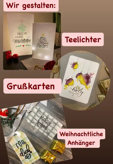 Handgemachte Weihnachtskunst: Karten, Anhänger, Teelichter.