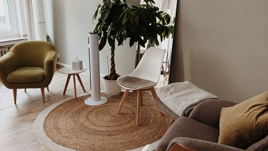 Wohnzimmer mit Stühlen und Pflanzen, ruhige Atmosphäre.