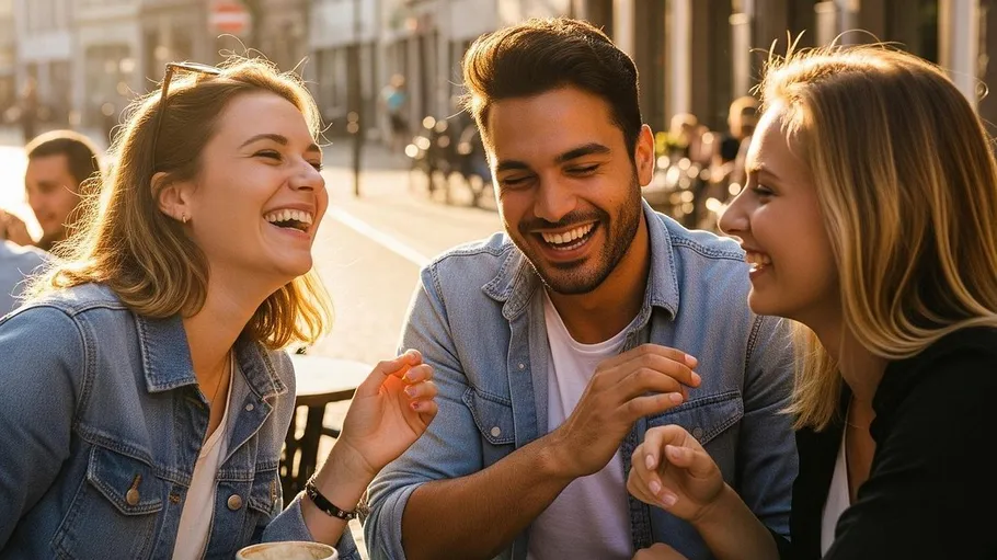 Three friends laughing at outdoor cafe table.