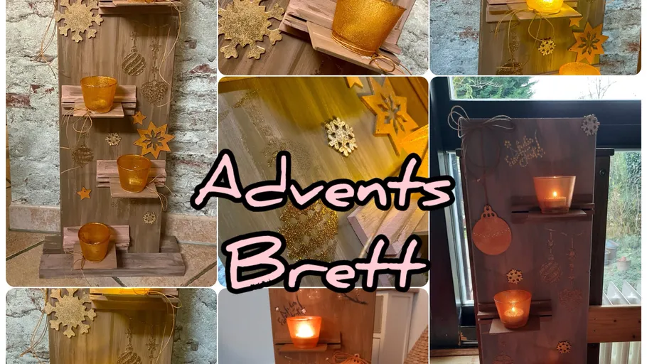 Decorative wooden board with candles and ornaments.