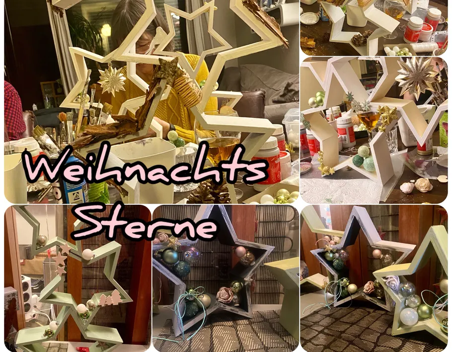 Gebastelte Sterne mit Weihnachtsdeko auf Tischen.