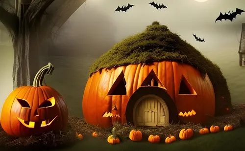 Pumpkin house with bats flying above.