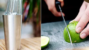 Cocktailshaker und Limette werden geschnitten.