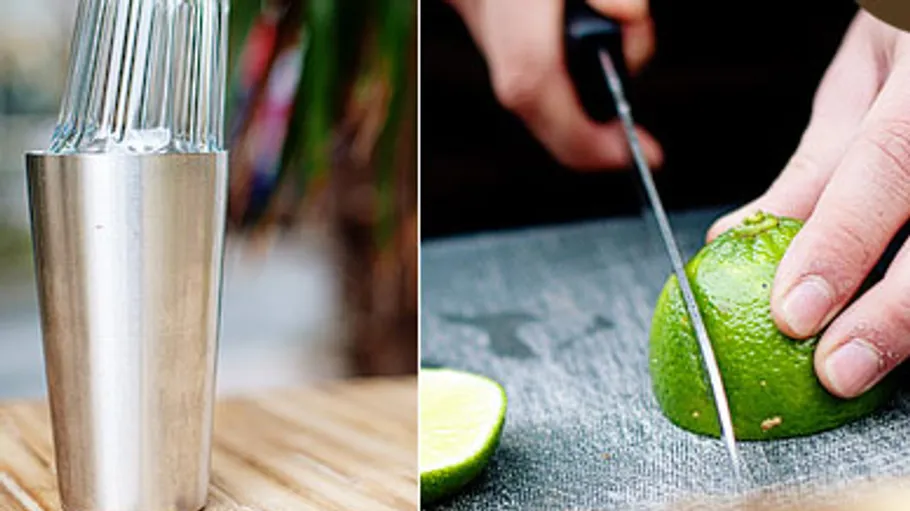 Cocktail shaker and lime being sliced.