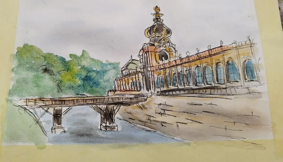 Illustriertes Schloss mit Brücke und Bäumen.