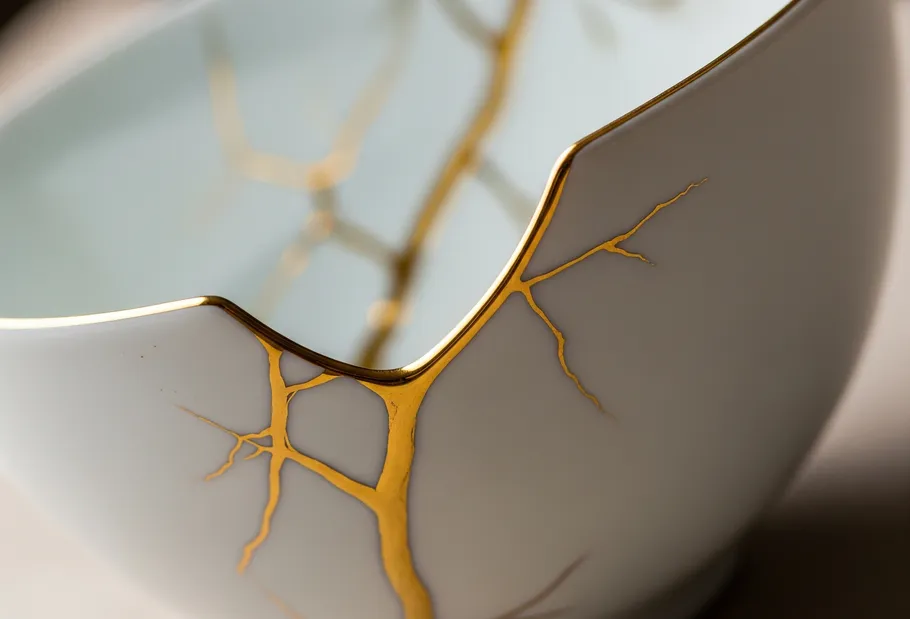 Ceramic bowl repaired with gold cracks, close-up.