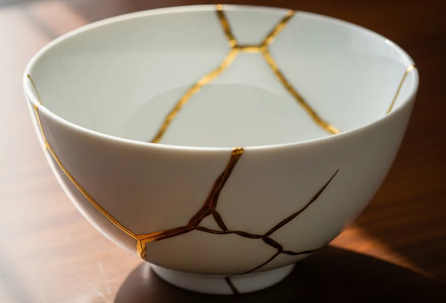Keramikschale mit Goldlinien repariert auf Tisch.
