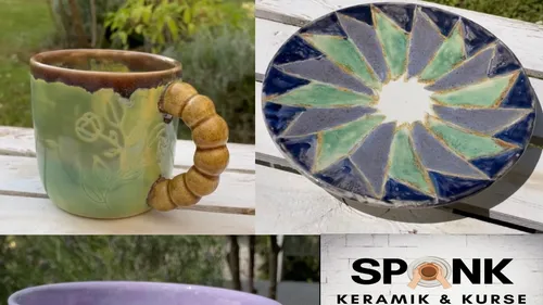 Keramikbecher, Teller, Vase draußen auf Tisch.