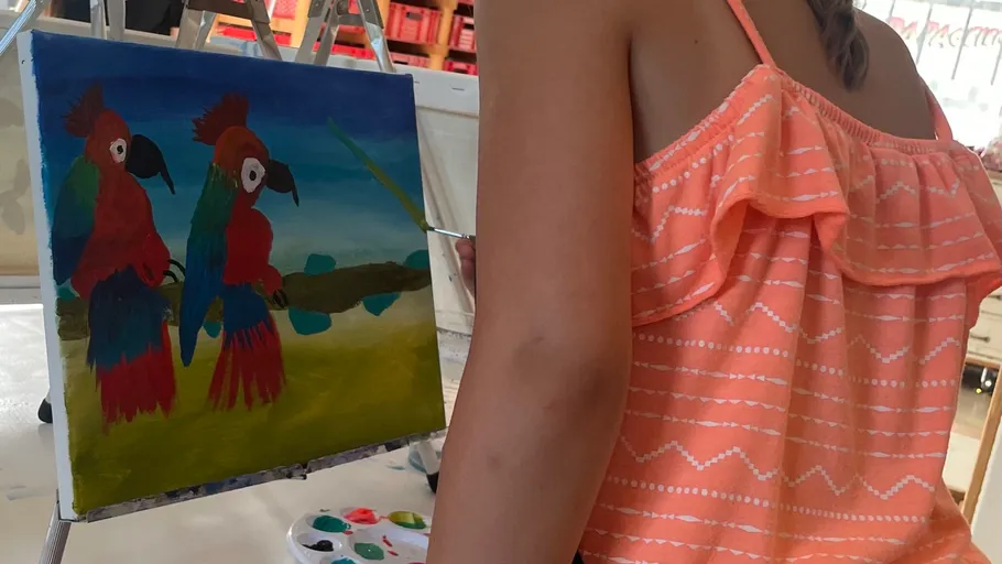 Person painting parrots on an easel indoors.