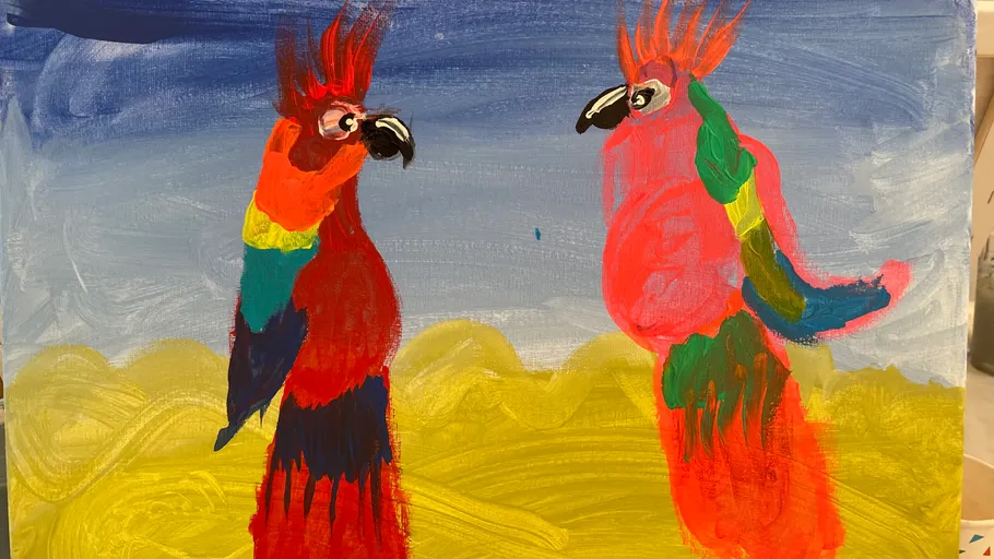 Zwei bunte Papageien auf einer Leinwand gemalt.