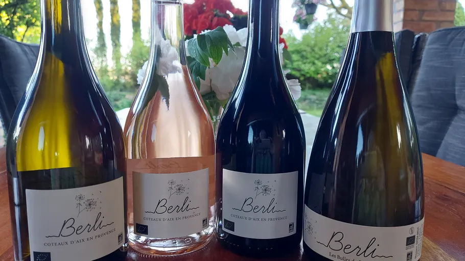 Four wine bottles on outdoor table.