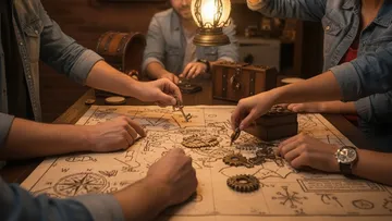 People solving puzzle on treasure map.