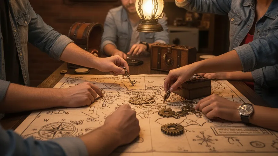 People solving puzzle on treasure map.