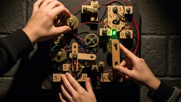 Hände lösen mechanisches Puzzle an Ziegelwand.