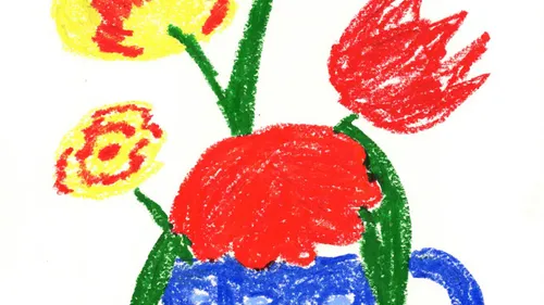 Bunte Kreidezeichnung von Blumen in Vase.