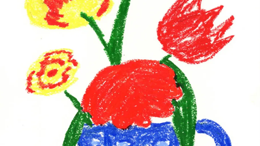 Colorful crayon drawing of flowers in vase.