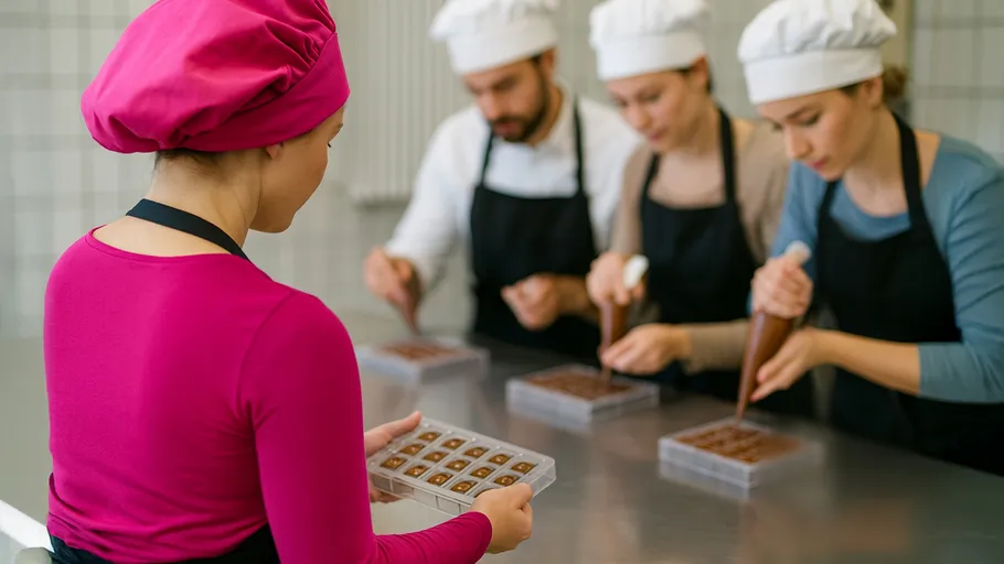 Chefs making chocolates in a kitchen.