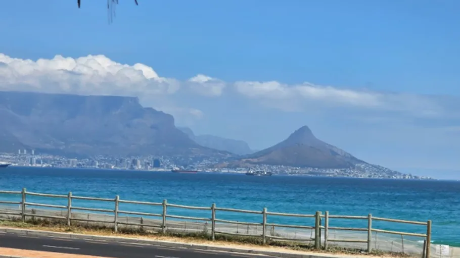 Ocean view of mountains and clear sky.