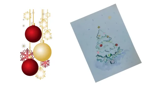 Christmas tree and ornaments on white background.