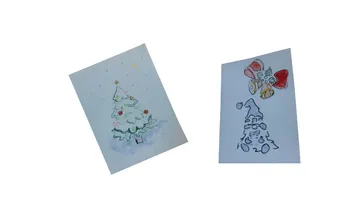 Two Christmas-themed drawings on paper.