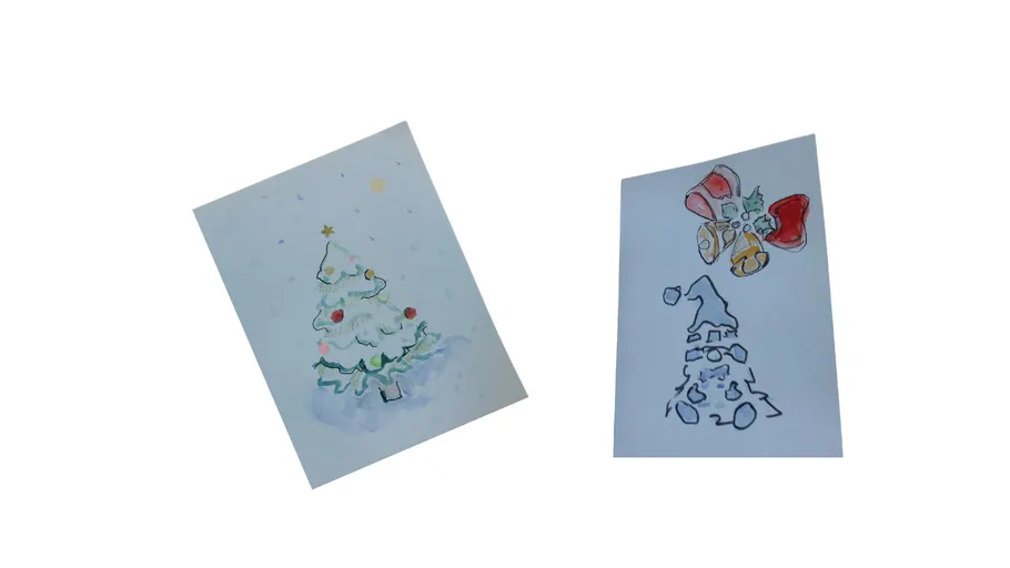Zwei weihnachtliche Zeichnungen auf Papier.