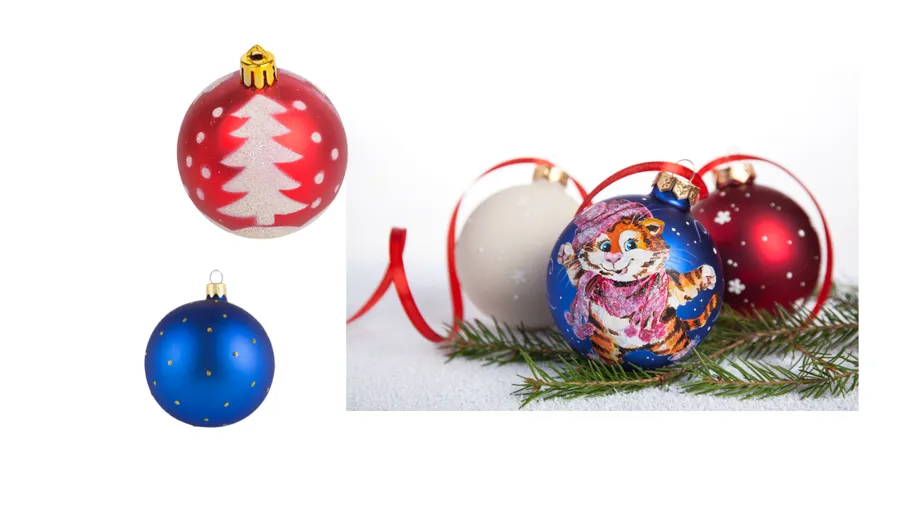 Colorful Christmas ornaments with holiday designs.
