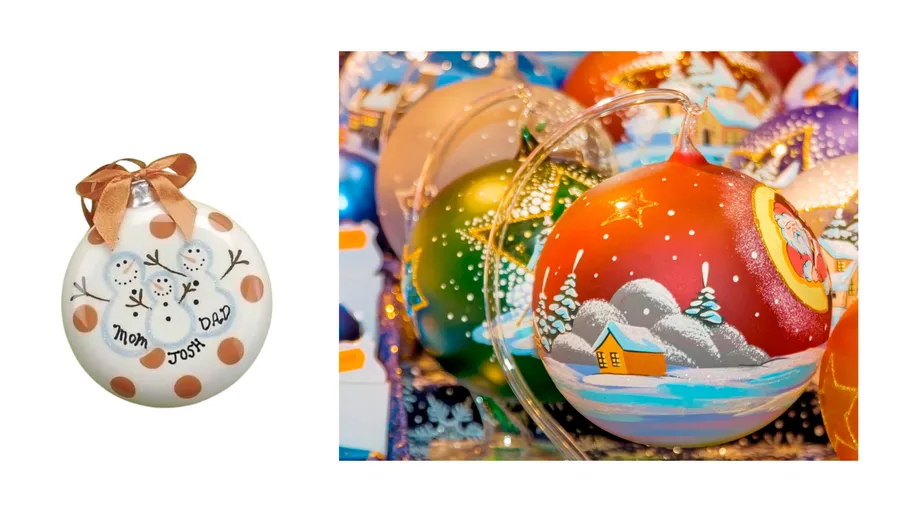Decorated ornaments with festive designs displayed.