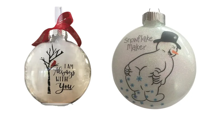 Two decorative Christmas ornaments with designs and text.