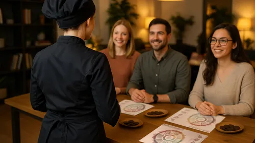 Chef presenting to smiling group in cozy room.