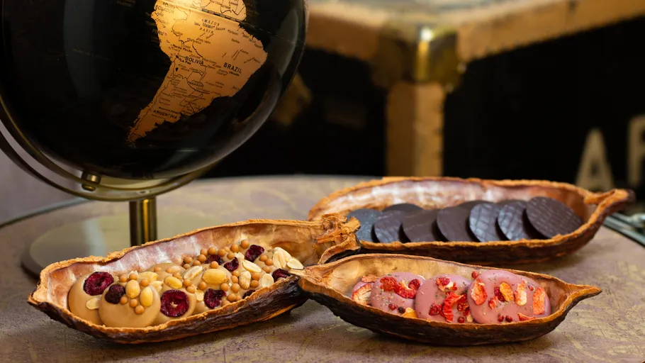 Cocoa pods with chocolates beside a globe.