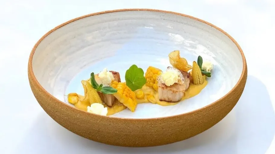 Gourmetgericht mit Jakobsmuscheln und Mais in Schale.