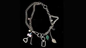 Silver necklace with various charms on black.