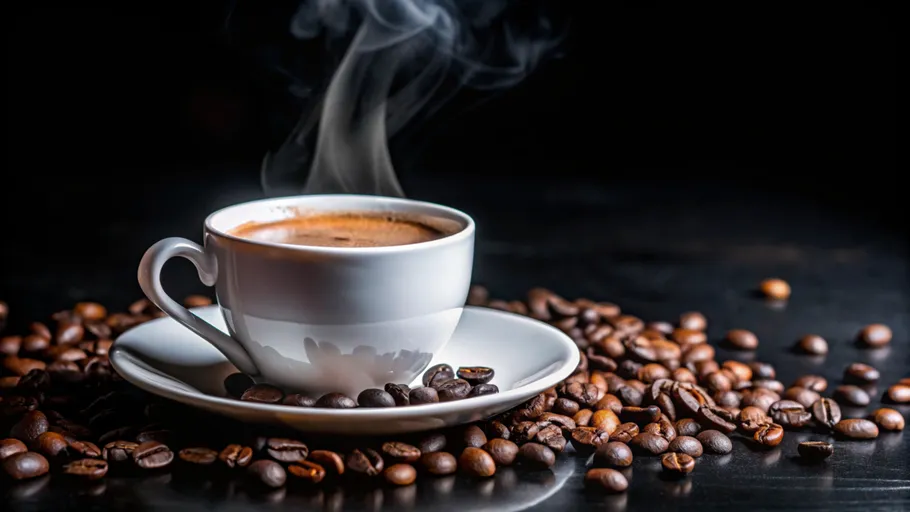 Dampfende Kaffeetasse umgeben von Bohnen.