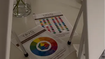 Colorful charts under a table with a vase.