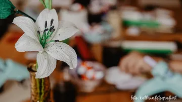 Weiße Blume mit Bastelwerkzeugen im Hintergrund.
