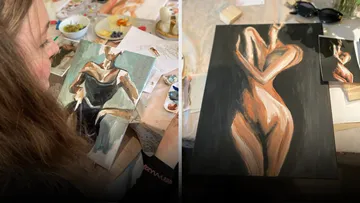 Woman painting, abstract figures on tables.