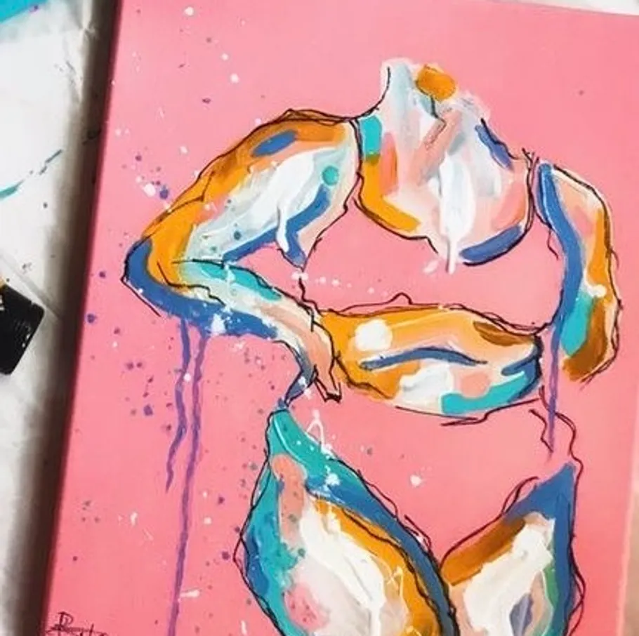 Colorful abstract painting of a torso on pink background.