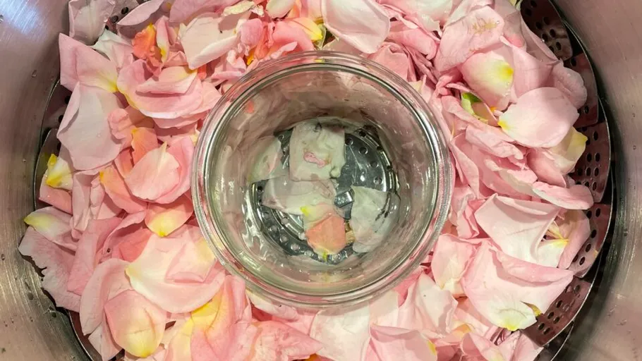 Glasgefäß von rosa Blütenblättern umgeben.