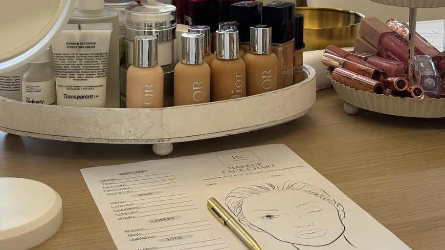 Makeup products and face chart on table.