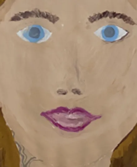 Painting of face with blue eyes.
