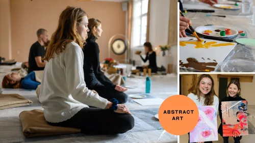 People meditating, painting, and smiling with art.