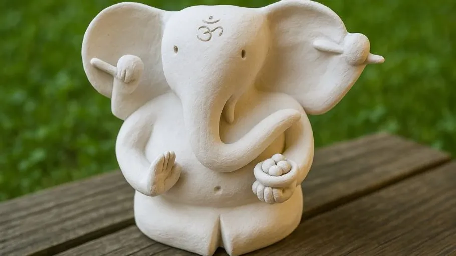 Elephant statue sitting on wooden surface outdoors.