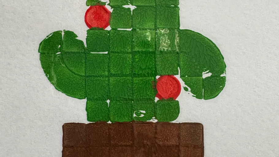 Pixelkaktus und Topf auf weißem Hintergrund.