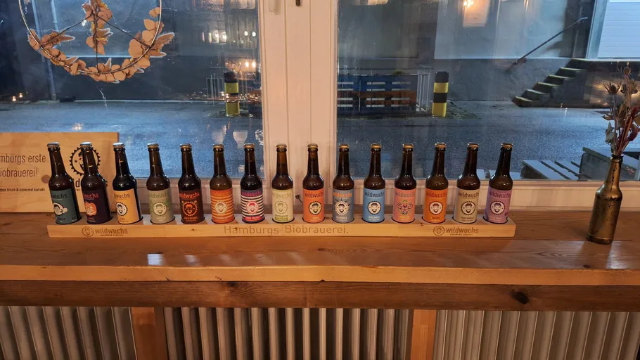 Siebzehn Bierflaschen auf einem Holzregal.